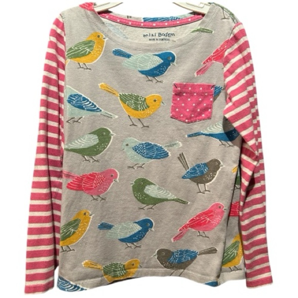 Mini Boden size 7-8 polka dot and robin bird long sleeve top